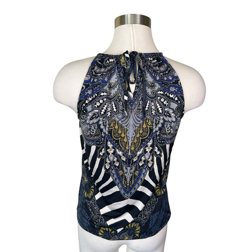 Y2K Cache Keyhole Mixed Print Sleevless Blouse Tie Back Metal Beads Top Sz XS - Picture 4 of 6